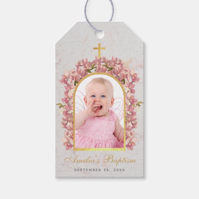 Baptism Girl Photo Marble Guld Arch Rosa Orchids G Presentetikett (Framsidan)