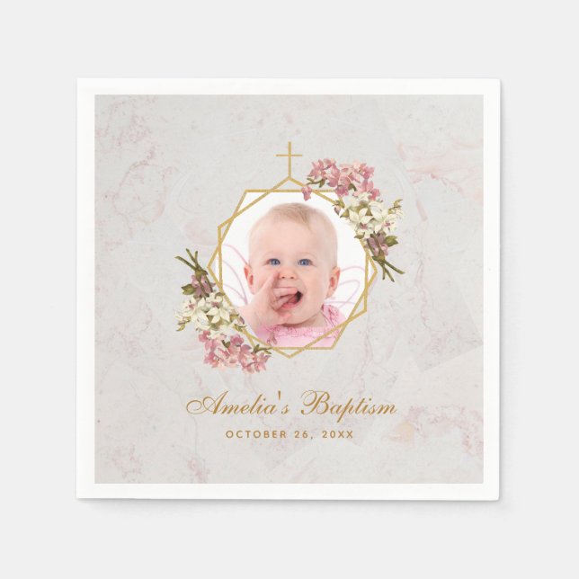 Baptism Girl Photo Marble Rosa Orchids Guld Blommi Pappersservett (Framsidan)