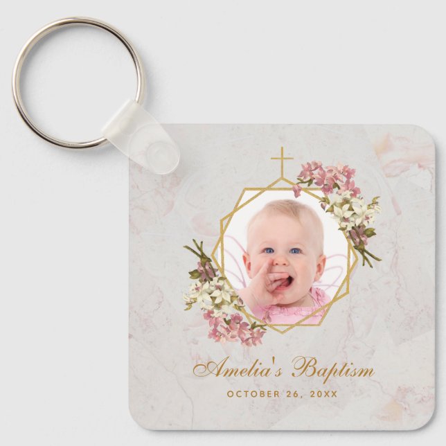 Baptism Girl Photo Rosa Orchids Blommigt Guld Marb Nyckelring (Framsida)
