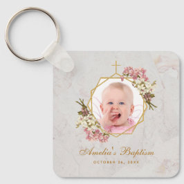 Baptism Girl Photo Rosa Orchids Blommigt Guld Marb Nyckelring