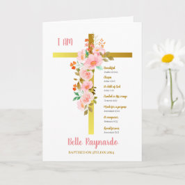 Baptism Girl Rosa and Red Flowers on Crucifix Kort