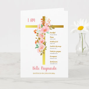 Baptism Girl Rosa and Red Flowers on Crucifix Kort