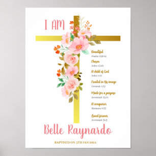 Baptism Girl Rosa and Red Flowers on Crucifix Poster