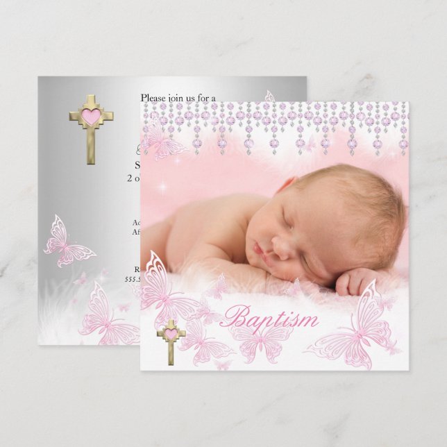 Baptism Girl Rosa Silver Butterfly Kor Inbjudningar (Fram/baksida)