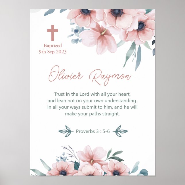 Baptism Girl Söt Rosa Flowers Poster (Framsidan)