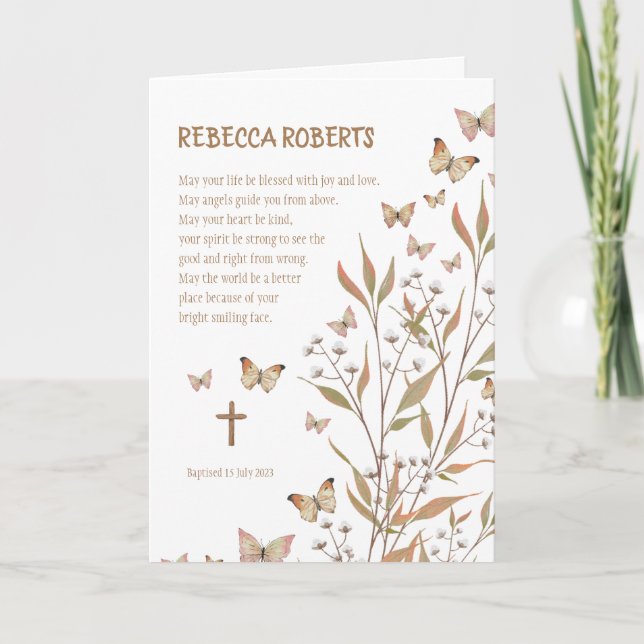 Baptism Girl Watercolor Butterflies Kort (Framsida)
