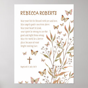 Baptism Girl Watercolor Butterflies Poster