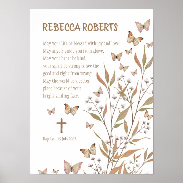 Baptism Girl Watercolor Butterflies Poster (Framsidan)