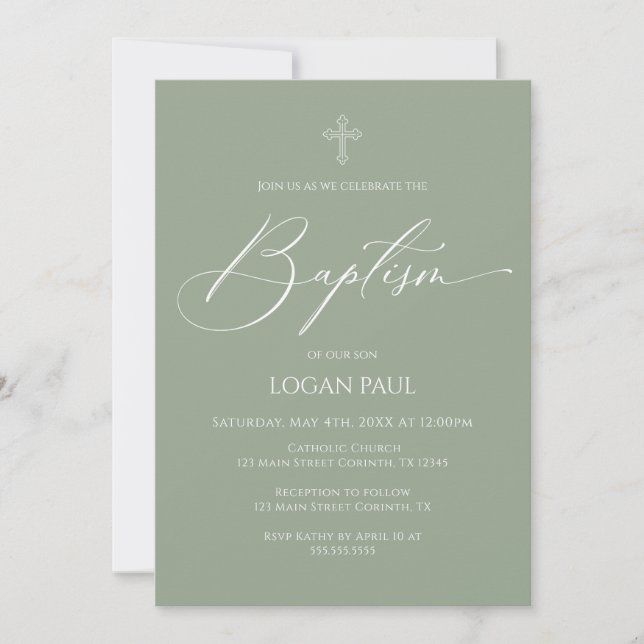 Baptism God Bless Sage Invitation Inbjudningar (Framsida)