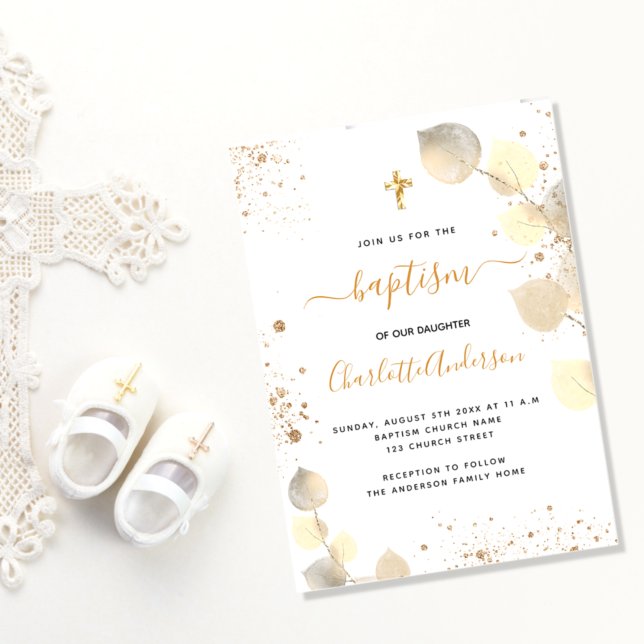 Baptism golden eucalyptus foliage kor inbjudningar (Skapare uppladdad)