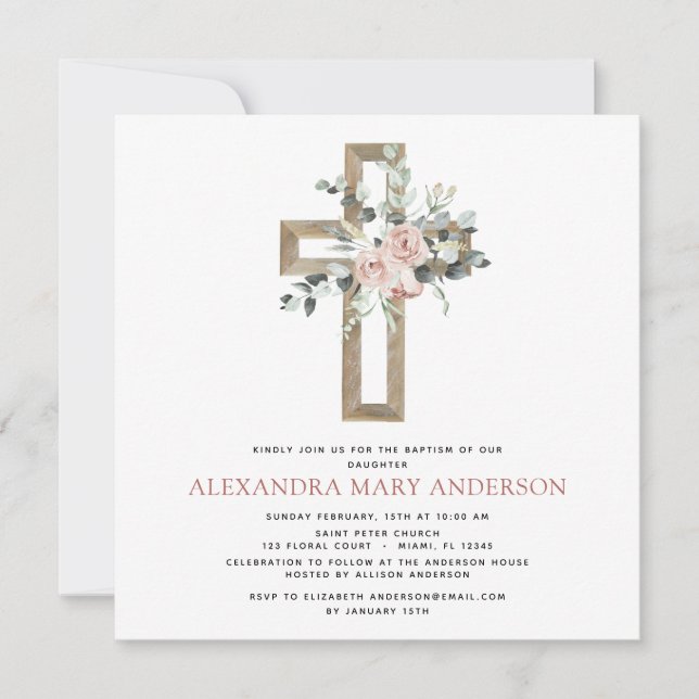 Baptism Greenery Dusty Rosa ros Kor Inbjudningar (Framsida)