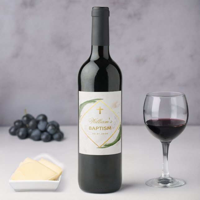 Baptism Greenery Faux Guld Fern Lövs Marble Vinflaska Etikett (Skapare uppladdad)