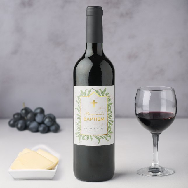 Baptism Greenery Faux Guld Kor Marble Botanical Vinflaska Etikett (Skapare uppladdad)