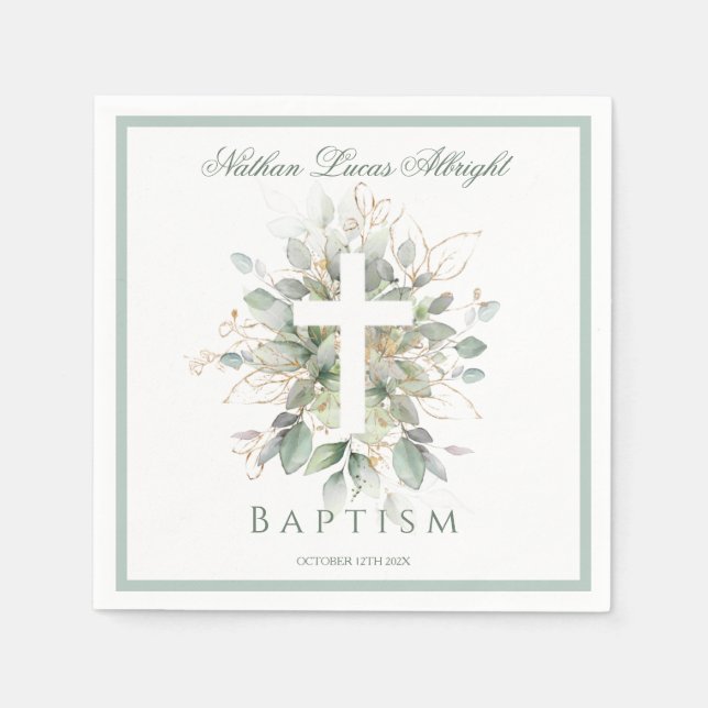 Baptism Greenery Leaves Cross  Pappersservett (Framsidan)
