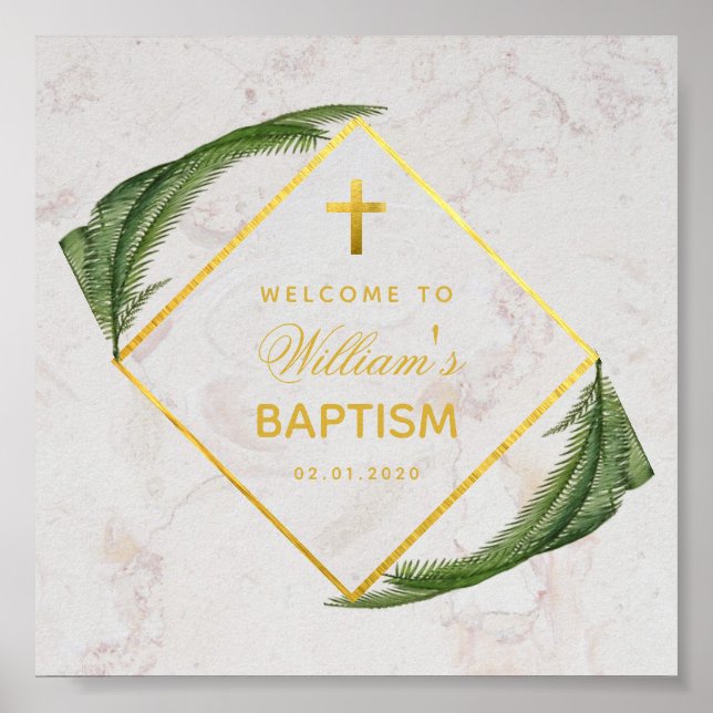 Baptism Greenery Marble Faux Guld Fern Välkommen Poster (Framsidan)