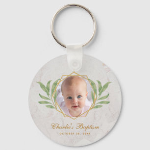 Baptism Greenery Photo Botanical Geometric Marble Nyckelring