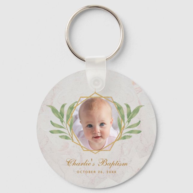 Baptism Greenery Photo Botanical Geometric Marble Nyckelring (Framsida)