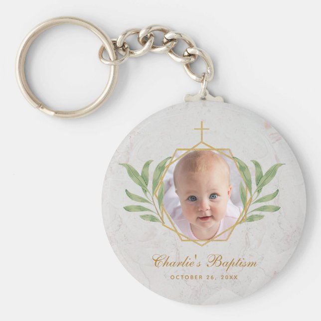 Baptism Greenery Photo Botanical Geometric Marble Nyckelring (Framsidan)