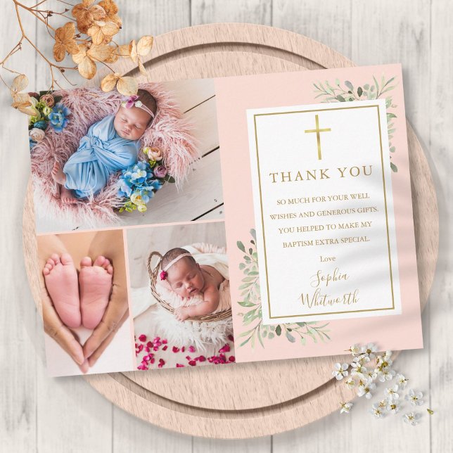 Baptism Greenery  Rosa 3 Photo Tack Vykort (Baptism Greenery Blush Pink 3 Photo Thank You Postcard)