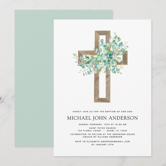 Baptism Greenery Sage Eucalyptus Guld Kor Invita Inbjudningar (Fram/baksida)