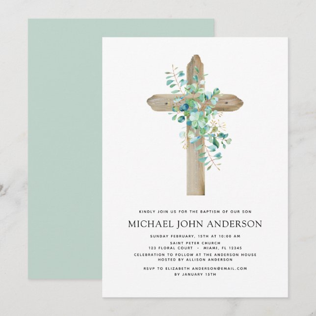 Baptism Greenery Sage Eucalyptus-inbjudan Inbjudningar (Fram/baksida)