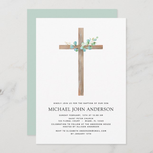 Baptism Greenery Sage Eucalyptus-inbjudan Inbjudningar (Fram/baksida)
