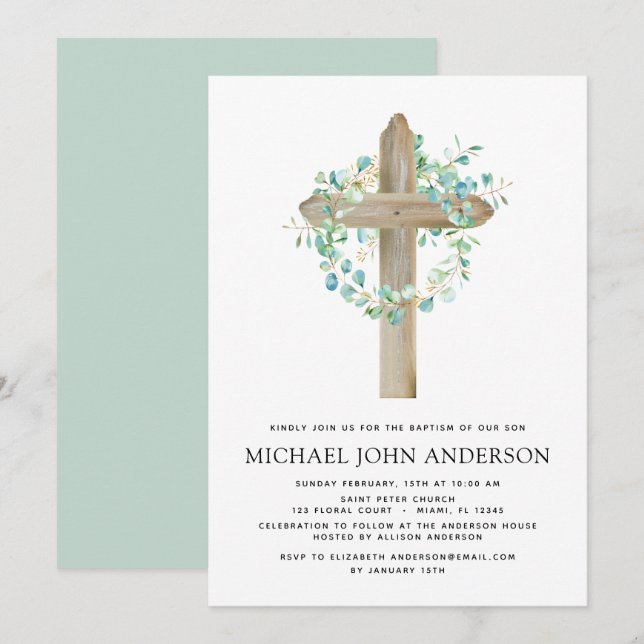 Baptism Greenery Sage Eucalyptus Wooden Kor Invi Inbjudningar (Fram/baksida)