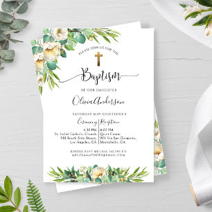 Baptism, grön och vit Blommigt, Gulten Guld Inbjudningar