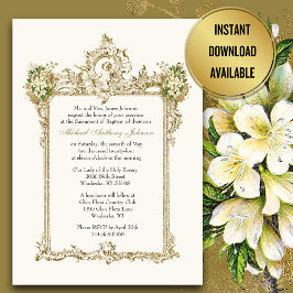 Baptism Guld Änglar Blommigt Vintage Inbjudningar
