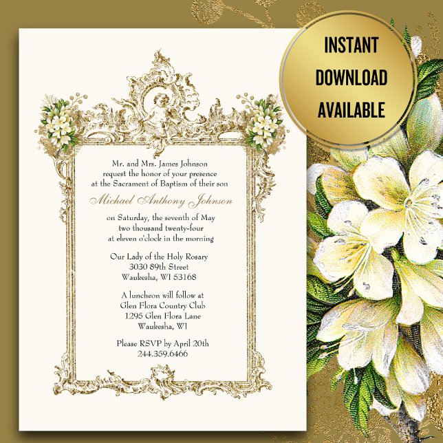 Baptism Guld Änglar Blommigt Vintage Inbjudningar (Skapare uppladdad)