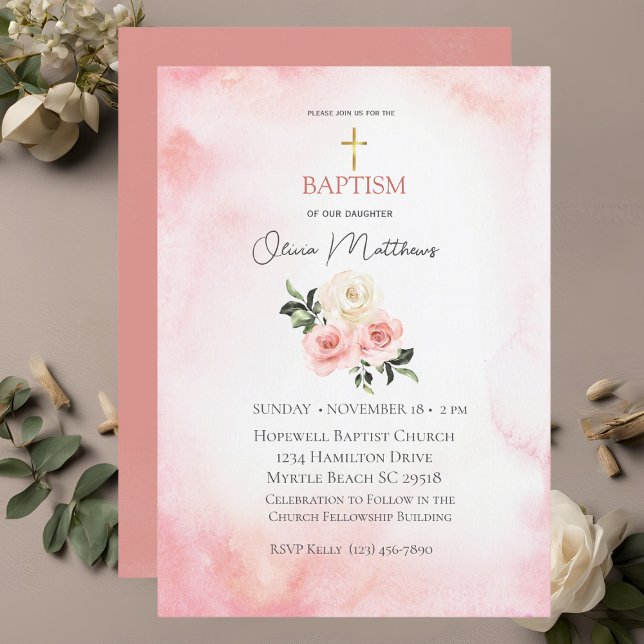 Baptism Guld Kor Rosa Blommigt Inbjudningar (Skapare uppladdad)