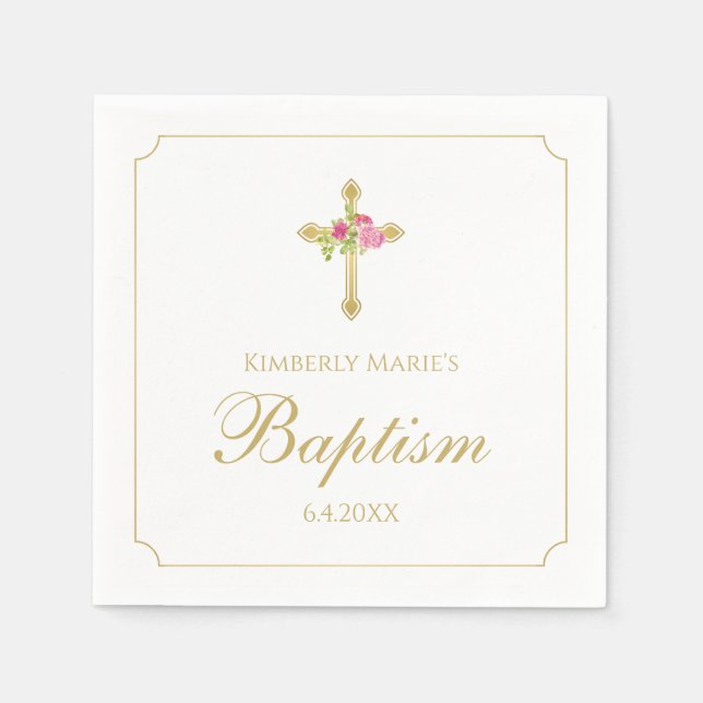 Baptism Guld Kor Rosa ros Blommigt Monogrammad Pappersservett (Framsidan)