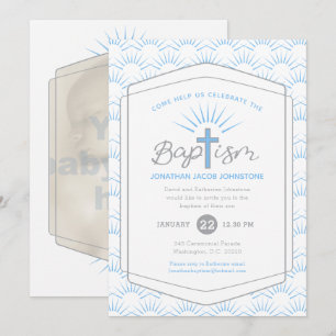 Baptism - halo- och kor-anpassningsbar - fotoblått inbjudningar