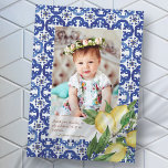 Baptism hos hennes medelhavsplan Lemons Flowers Tack Kort<br><div class="desc">Består av serif-typografi. Allt mot en bakgrund av blå och vita Medelhavsbrickor med grönt löv,  citroner och blommor av vild blommigt. Detta är designat av Select Party Supplies,  exklusiv för Zazzle. Finns här: http://www.zazzle.com/selectpartysupplies</div>
