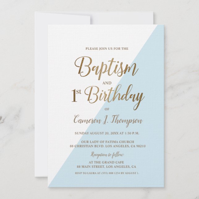 Baptism i blå Guld 1:a födelsedag Inbjudningar (Framsida)