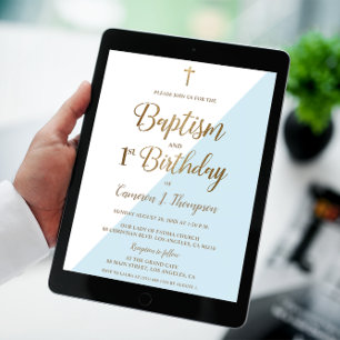 Baptism i blå Guld Kor 1:a födelsedag Inbjudningar