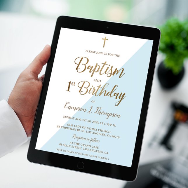 Baptism i blå Guld Kor 1:a födelsedag Inbjudningar (Joint Baptism and 1st birthday invitation, digital or printed.)