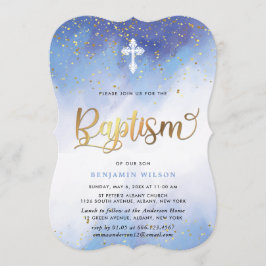 Baptism i blå och Guld Inbjudningar