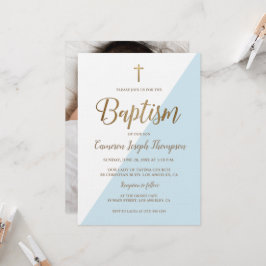 Baptism i blå vit Guld, modern Pojke-foto- Inbjudningar