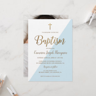 Baptism i blå vit Guld, modern Pojke-foto- Inbjudningar