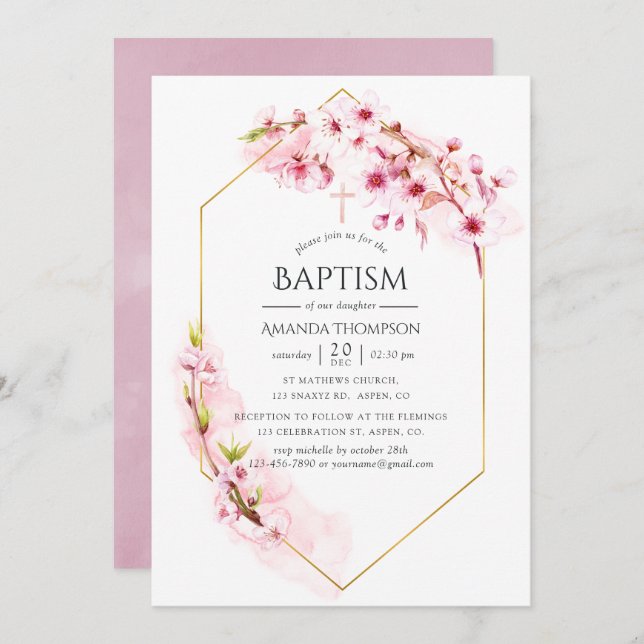 Baptism i Blommarna Vår Cherry Rosa Inbjudningar (Fram/baksida)