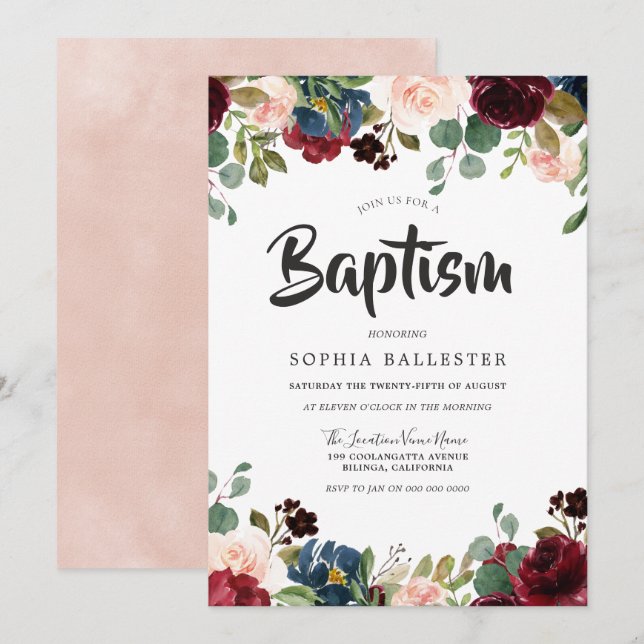 Baptism i Blommigt för  och burgundisk vattenfärg Inbjudningar (Fram/baksida)