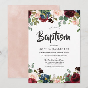 Baptism i Blommigt för och burgundisk vattenfärg Inbjudningar