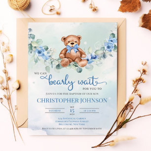 Baptism i Blommigt med blå Grönt Nalle med vatten Inbjudningar