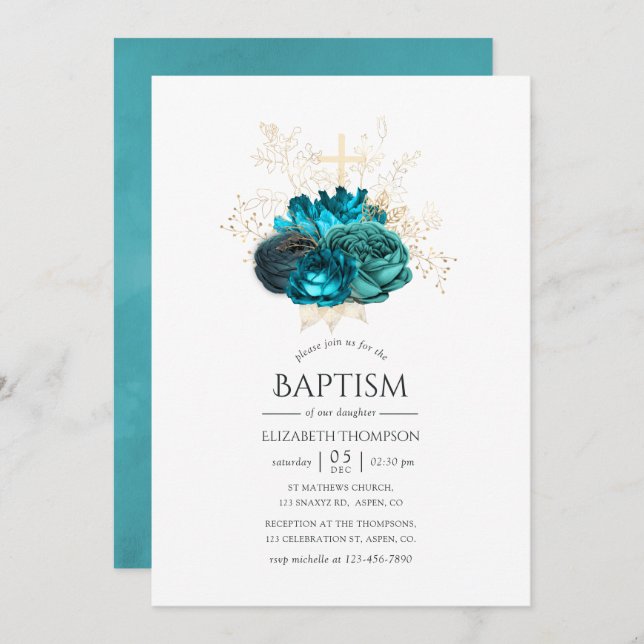 Baptism i Blommigt Teal och Guld Inbjudningar (Fram/baksida)