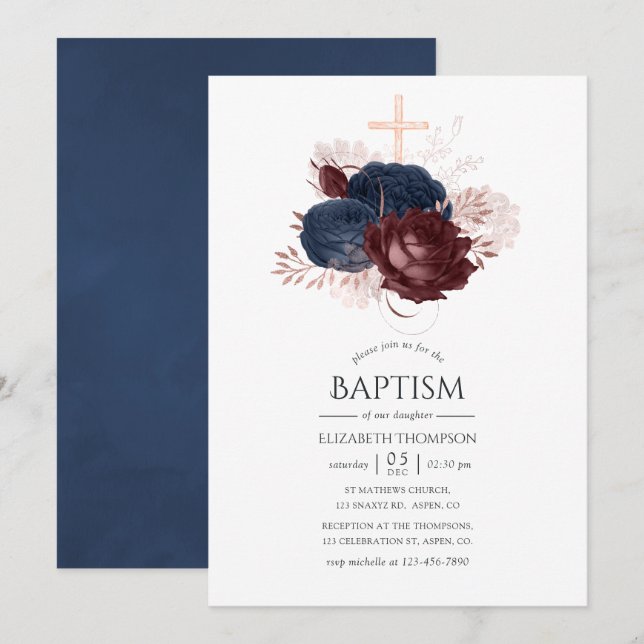 Baptism i Blommigten Navy Blue och Maroon Inbjudningar (Fram/baksida)