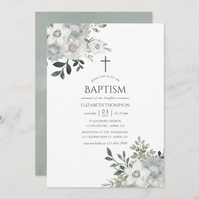 Baptism i Blommigten Watercolor Silver Sage Inbjudningar (Fram/baksida)