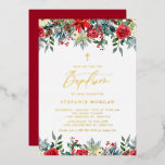 Baptism i Blommigten Watercolor Winter Blooms<br><div class="desc">Familjen Inbjudan och vänner till ditt evenemang med den här blommigten guld-pressade baptisminbjudan. Den har vattenfärgade trädgårdar i röd ros, poinsettias och vinbär med pinekonomer och gröna accenter. Anpassa den här inbjudan till blommigt under vintern genom att lägga till namn, data, tider och annan händelseinformation. Denna poinsettia baptism-inbjudan är perfekt...</div>