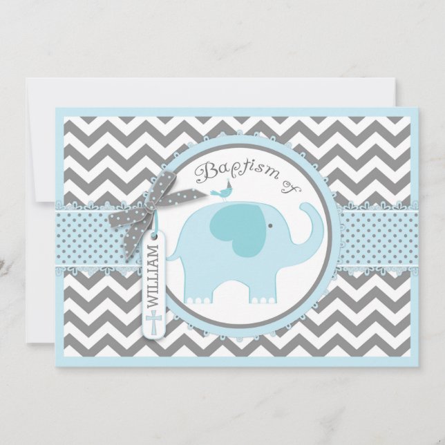 Baptism i Blue Elephant Bird and Chevron Print Bap Inbjudningar (Framsida)