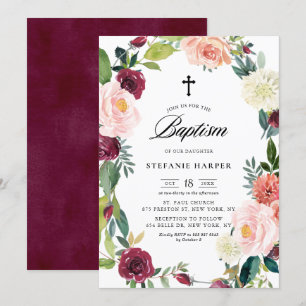 Baptism i burgundi och  Blommigt Utandningsutandni Inbjudningar